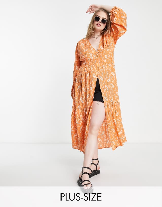 Violet Romance Plus button front kimono in orange paisley print