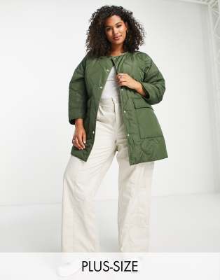 Violet Romance Plus collarless quilted jacket with pockets in khaki