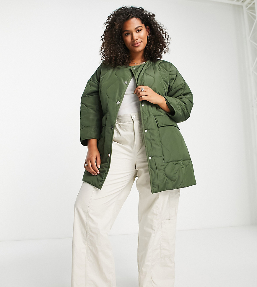 Violet Romance Plus collarless quilted jacket with pockets in khaki-Green