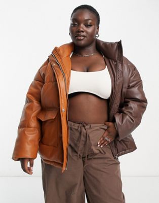 Violet Romance Plus faux leather puffer jacket in brown colourblock - ASOS Price Checker