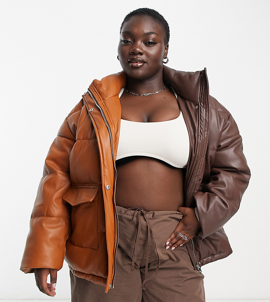 Violet Romance Plus faux leather puffer jacket in brown colourblock