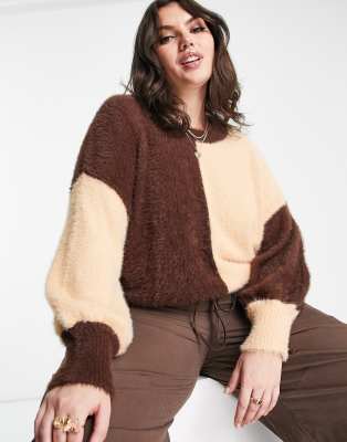 Violet Romance Curve Violet Romance Plus fluffy jumper in colour block brown-Multi