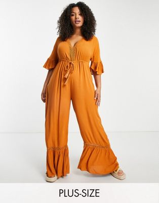 Violet Romance Plus jumpsuit with tie waist and lace trim in rust  - ASOS Price Checker