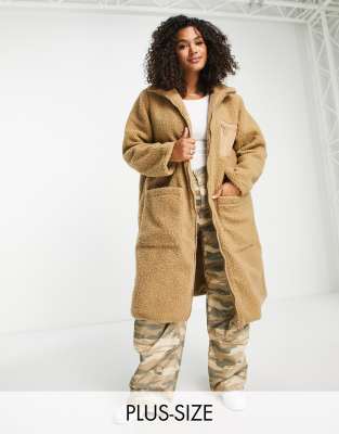 Violet Romance Plus longline borg coat in sand - ASOS Price Checker