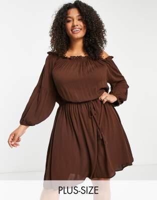 Violet Romance Plus off shoulder mini dress in chocolate brown | ASOS