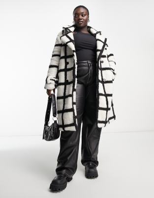 Violet Romance Plus oversized borg coat in grid print - ASOS Price Checker