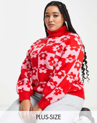 Violet Romance Curve Violet Romance Plus oversized roll neck jumper in floral check-Multi