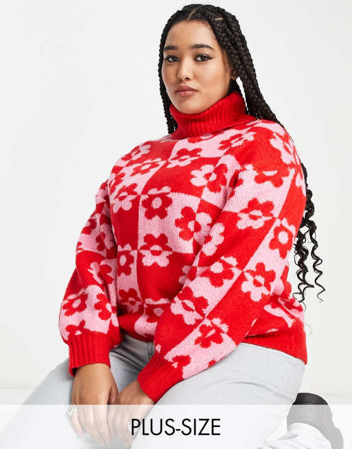 Violet Romance Plus oversized roll neck sweater in floral check