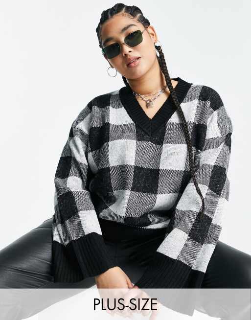 Violet Romance Plus oversized v neck sweater in monochrome check