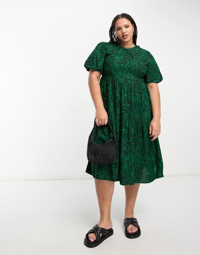 Violet Romance Plus puff sleeve midi dress in green animal print