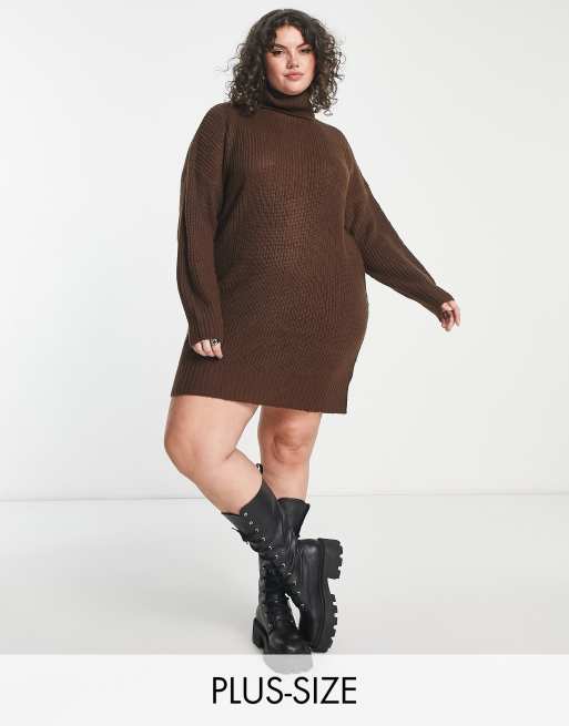 Violet Romance Plus roll neck knitted jumper dress in chocolate