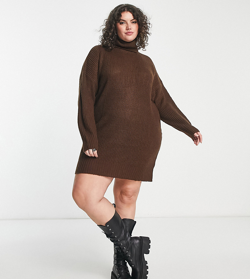 Violet Romance Curve Violet Romance Plus Roll Neck Knitted Sweater Dress In Chocolate Brown