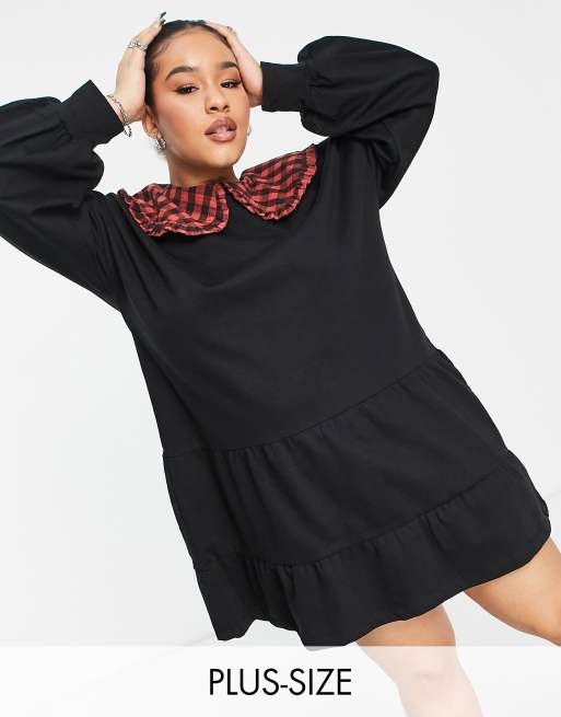 Violet Romance Plus tiered sweater dress with gingham frill collar in