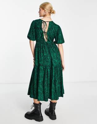 Violet Romance puff sleeve midi dress in green animal print