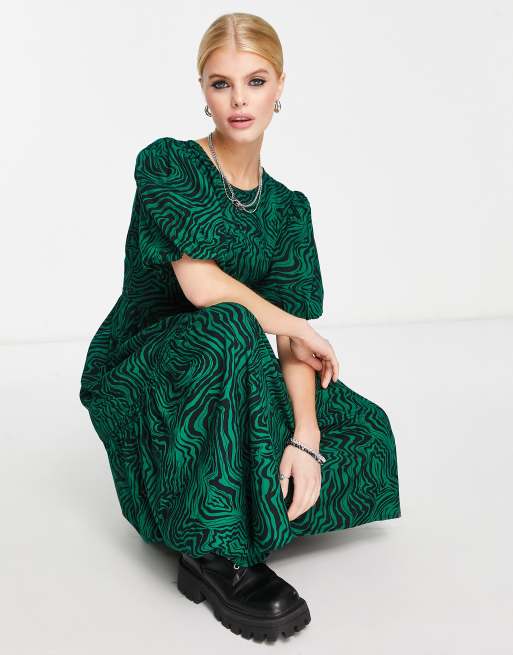 Violet Romance puff sleeve midi dress in green animal print, 4 of 4
