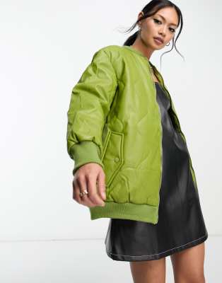 Violet Romance Quilted Faux Leather Bomber Jacket In Olive-green