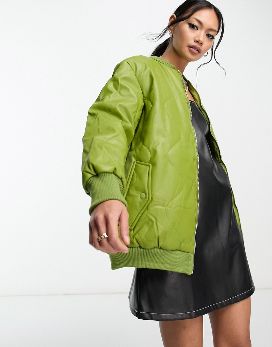 quilted faux leather bomber jacket in olive-Green