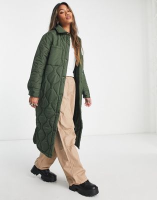 Violet Romance quilted longline coat in khaki