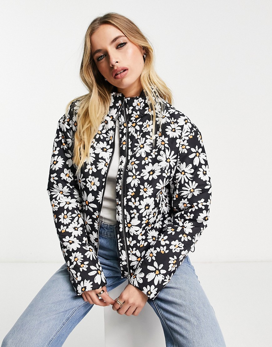 Violet Romance quilted puffer jacket in daisy print-Black