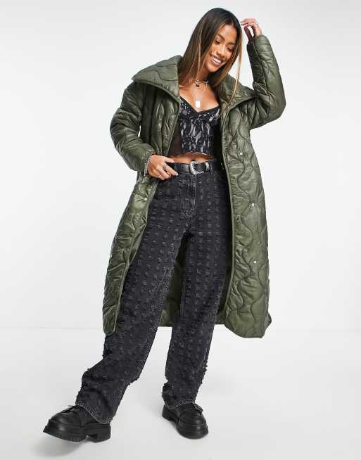 Violet Romance quilted shawl neck longline coat in khaki ASOS