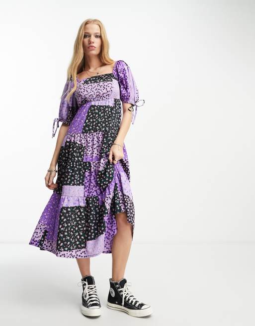 Violet Romance - Robe mi-longue à manches bouffantes et effet patchwork - Violet