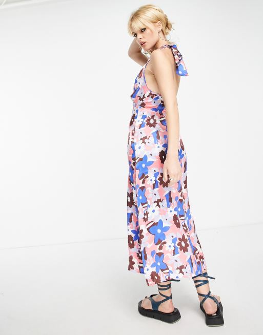 Violet Romance - Robe mi-longue dos nu en satin avec imprimé fleurs de couleurs vives, 4 de 4