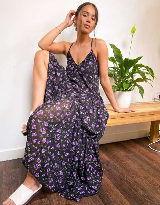 Violet Romance - Robe mi-longue trapèze à imprimé fleuri