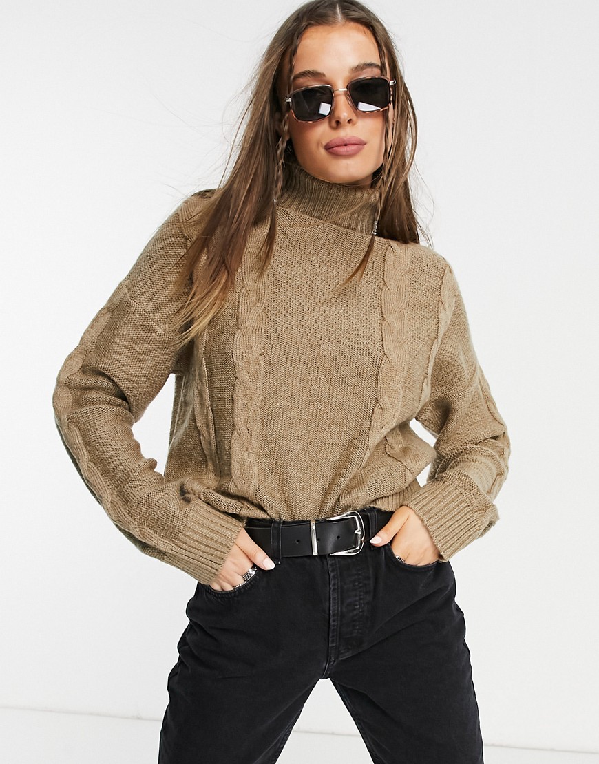 Violet Romance roll neck cable knit sweater in oatmeal-Brown