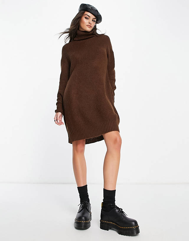 VIOLET ROMANCE - roll neck knitted jumper dress in chocolate brown