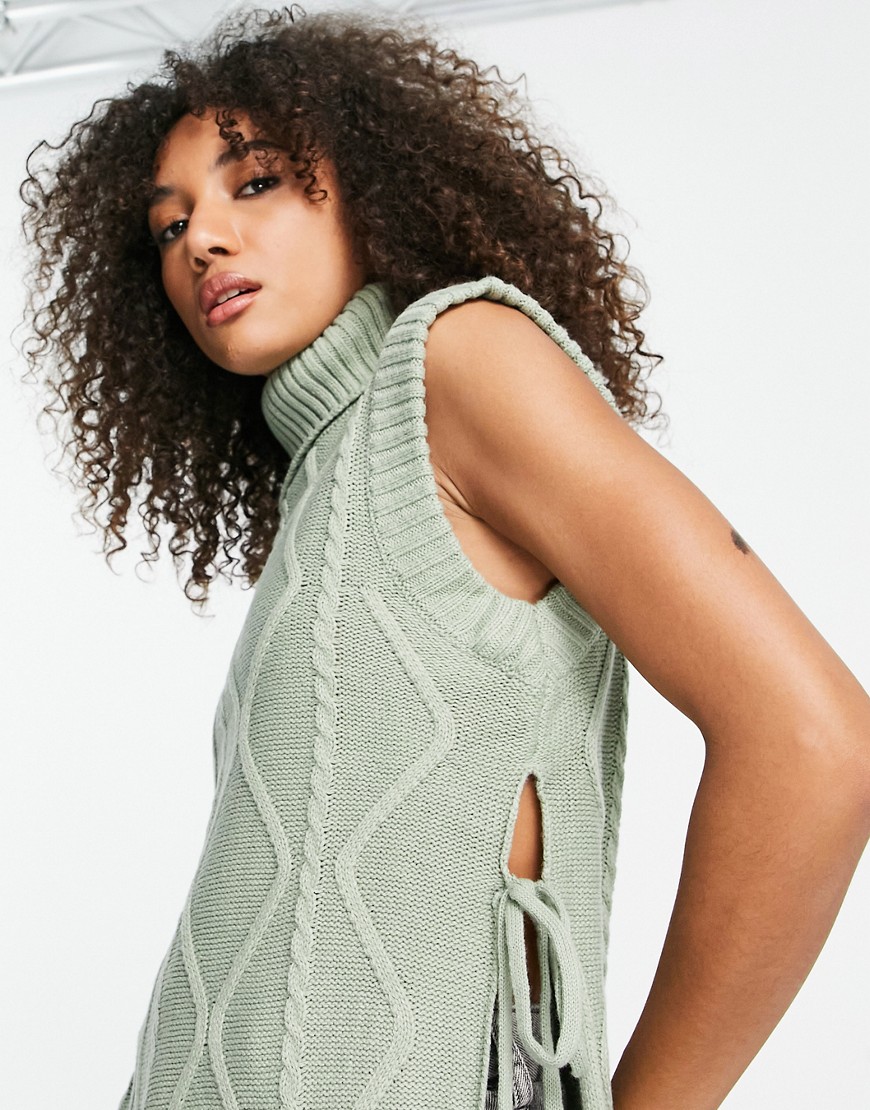 Violet Romance roll neck tie side cable knit vest in sage green