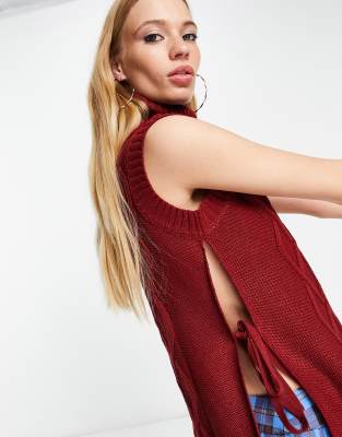 VIOLET ROMANCE Violet Romance roll neck tie side sleeveless jumper in burgundy-Red