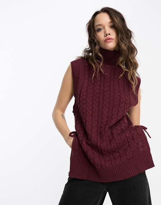 Violet Romance roll neck tie side sleeveless jumper in deep red