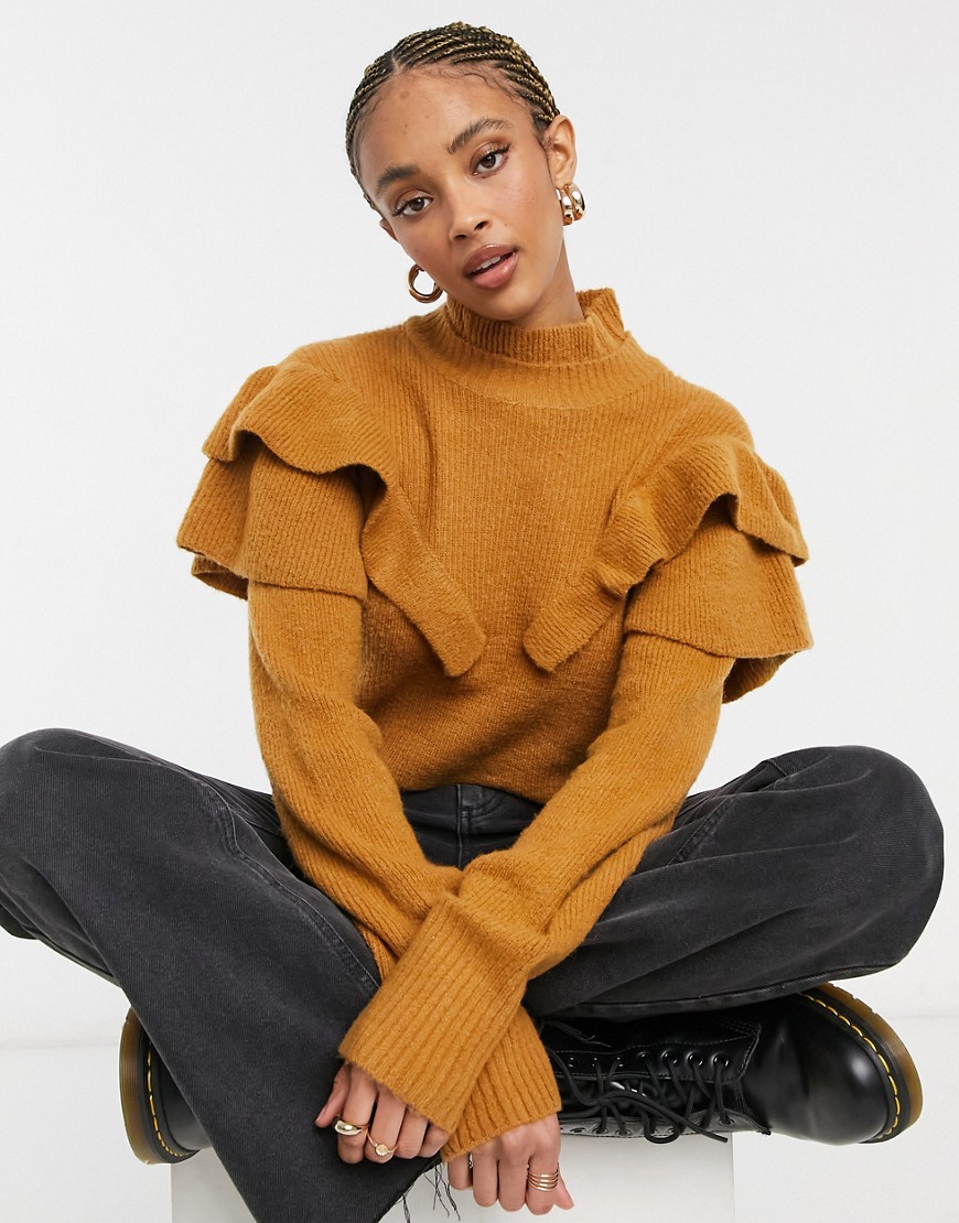 Violet Romance ruffle detail sweater in camel-Brown