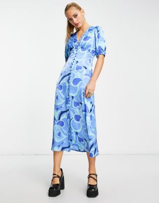 Violet Romance Satin Button Front Tie Back Midi Dress In Blue Swirl Print