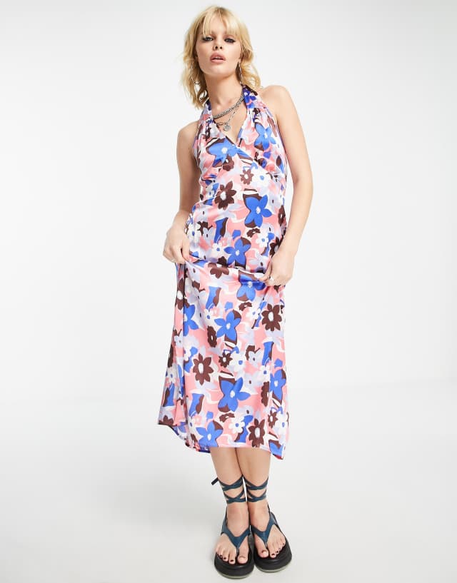 VIOLET ROMANCE - satin halter neck midi dress in bold floral print