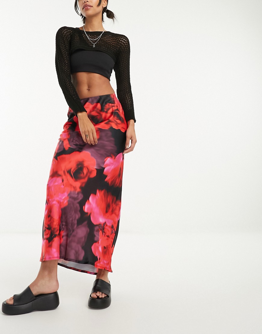 Violet Romance satin maxi skirt in oversized blurred floral print