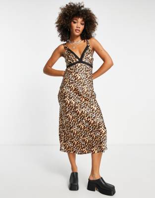 Leopard-print satin midi lingerie-style dress with lace trims in