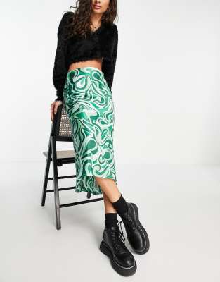 VIOLET ROMANCE Violet Romance satin midi skirt in green swirl print-Multi