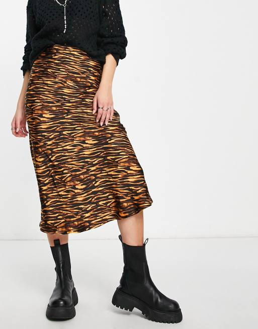 Violet Romance satin midi skirt in tiger print