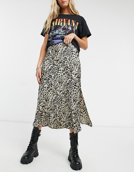 Violet Romance satin midi skirt with thigh split in leopard print
