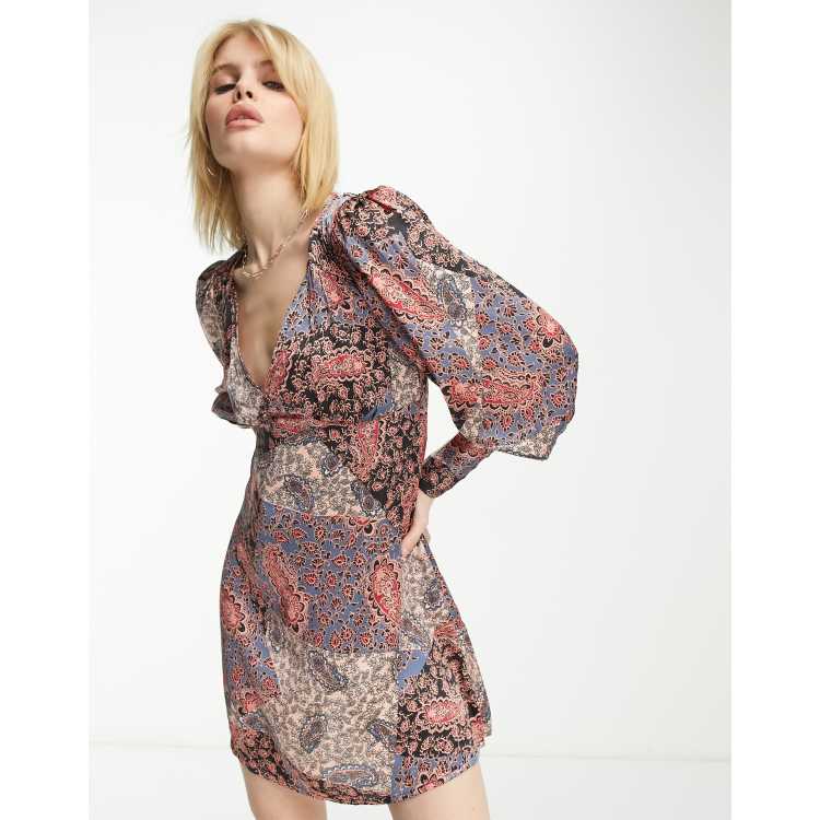 Violet Romance satin mini dress in patchwork print