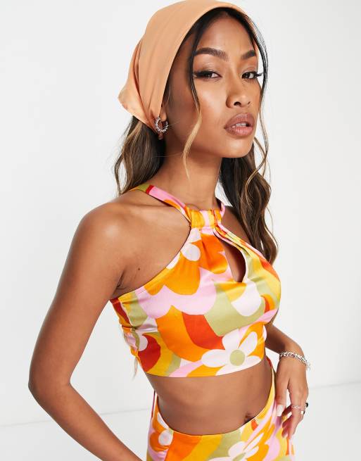 Violet Romance satin open tie back crop top co-ord in 70s floral print