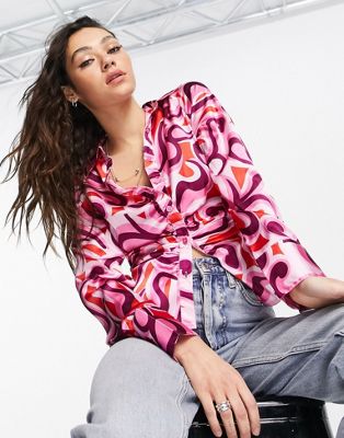 Violet Romance satin ruched front shirt in pink swirl print