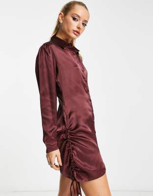 Violet Romance satin shirt dress in chocolate brown