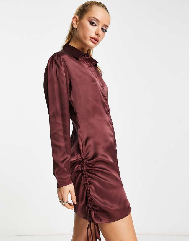 VIOLET ROMANCE - satin shirt dress in chocolate brown