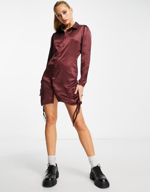 chocolate satin shirt dress Naraya Collared Satin Maxi Shirt Dress - Chocolate