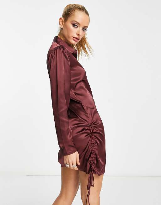 Violet Romance satin shirt dress in chocolate brown | ASOS