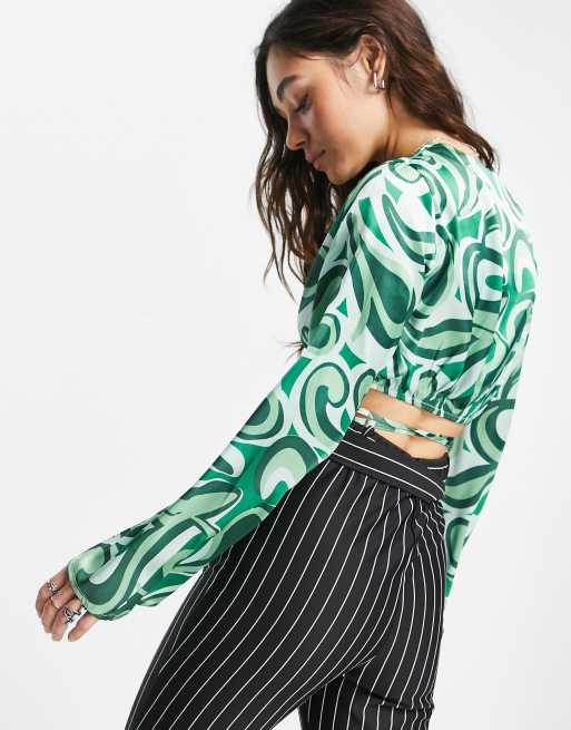 Violet Romance satin strappy crop top in green swirl print, 2 of 4