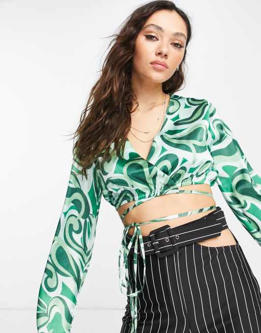 Violet Romance satin strappy crop top in green swirl print, 3 of 4