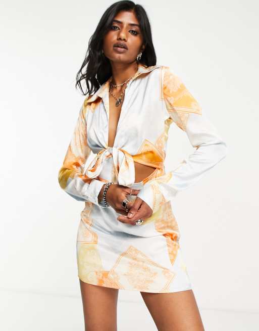 Violet Romance satin tie front mini dress in patchwork print | ASOS